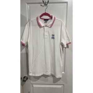 Psycho Bunny Polo Shirt Men XL White Pink Trim Logo Short Sleeve Designer Casual